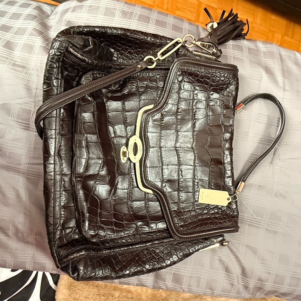 Coach Dark Brown Croc-Embossed Leather Shoulder Bag with Tassel
